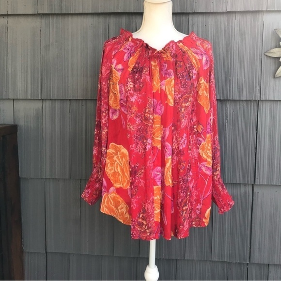 Free People fuscia floral off the shoulder long sleeve tunic - Picture 3 of 13